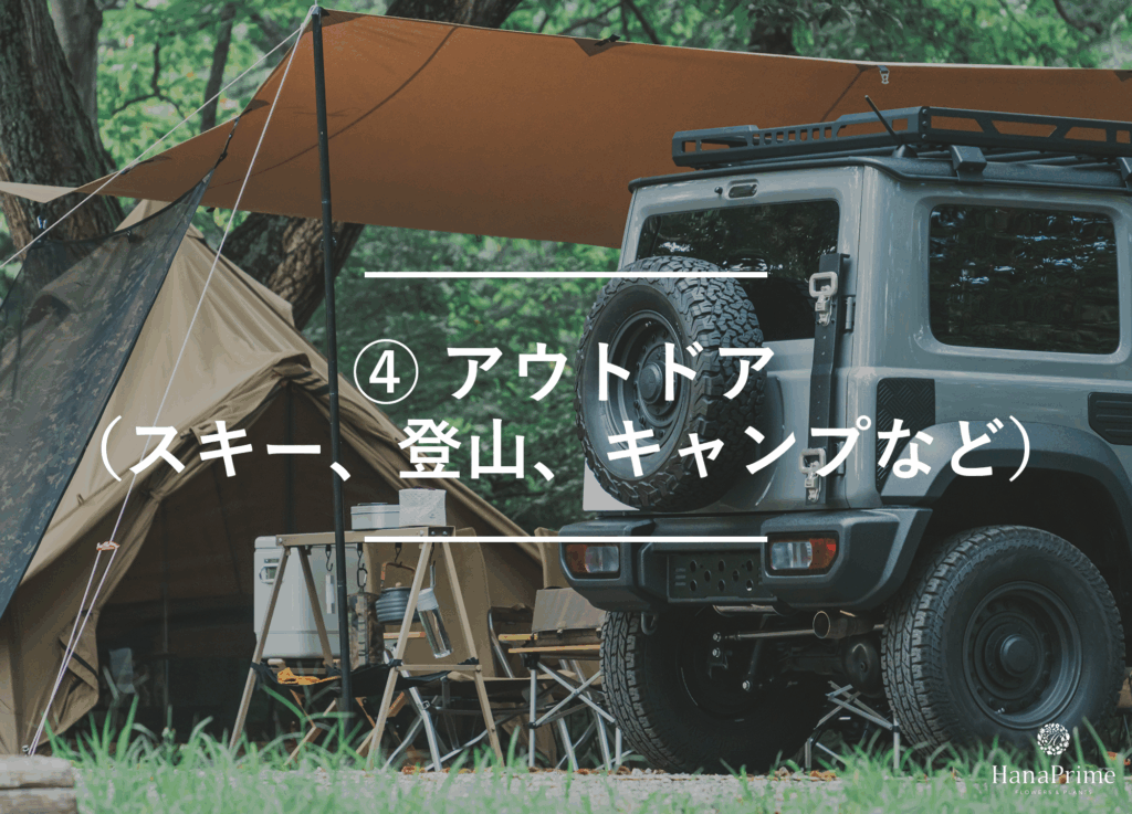 ④ アウトドア（スキー、登山、キャンプなど）