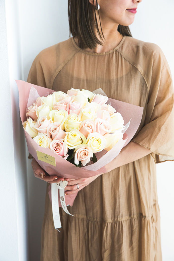 花束 ローズブーケ バラ 30本クロス #1402 size:100 薄PNK×WHT
