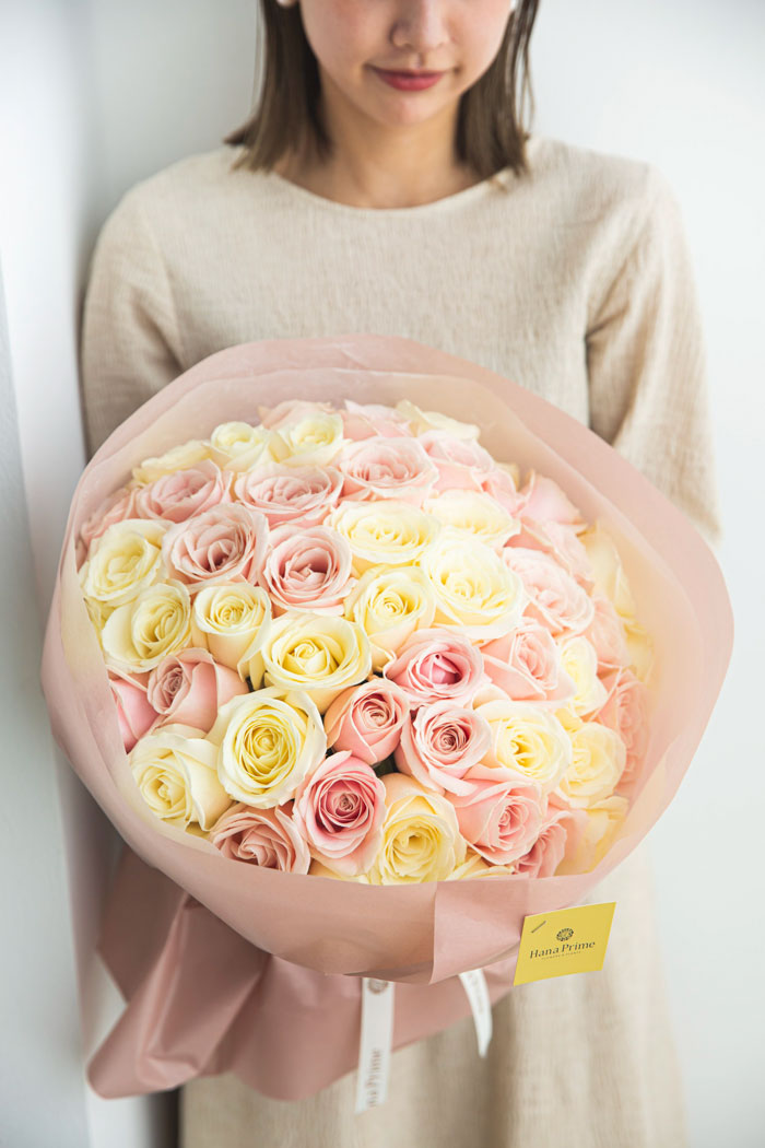 花束 ローズブーケ バラ 50本クロス #1404 size:120 薄PNK×WHT