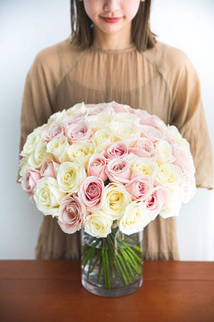 花束 ローズブーケ バラ 50本クロス #1404 size:120 薄PNK×WHT