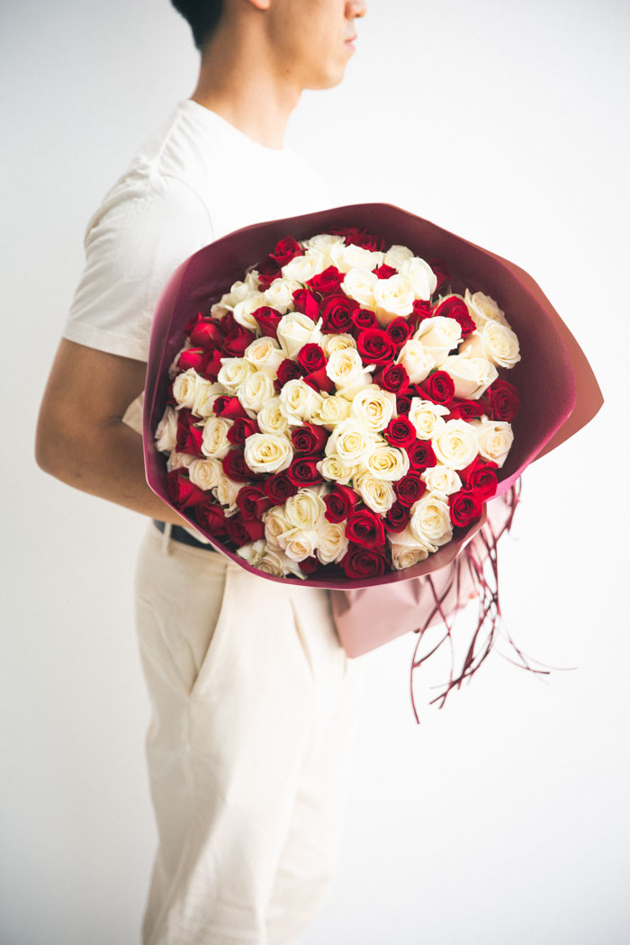 花束 ローズブーケ バラ 108本クロス #1555 size:140 RED×WHT